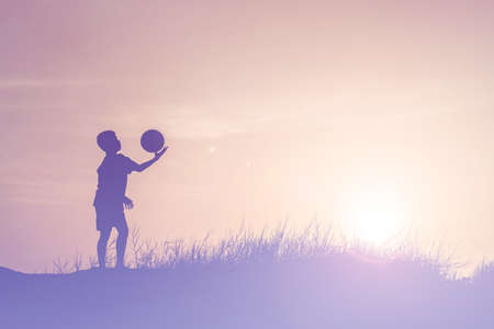 children playing ball on meadow, sunset, summertimeの写真素材