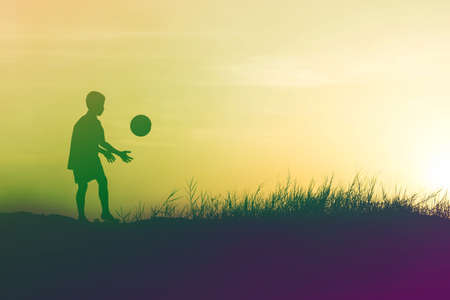 children playing ball on meadow, sunset, summertimeの写真素材