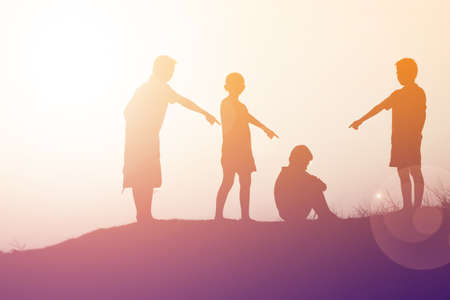 silhouette of a happy children and happy time sunsetの写真素材