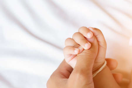 Small delicate little hand of newborn - close portraitの写真素材