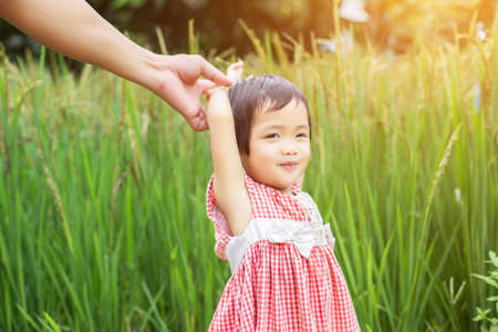 Toned portrait of Father and daughter holding hand in hand at sunsetの写真素材