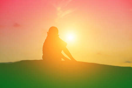 kid silhouette,Moments of the child's joy. On the Nature sunsetの写真素材