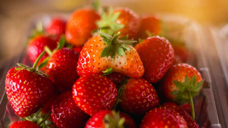 Strawberry. Fresh organic berries macro. Fruit backgroundの写真素材