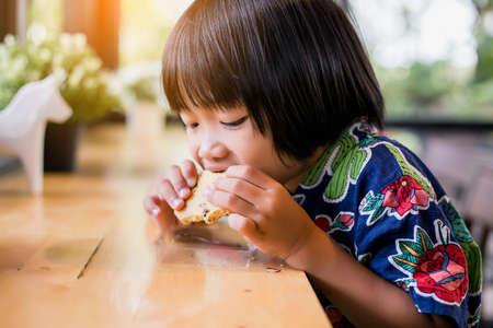 Portrait of little girl eating cookies in the kitchenの写真素材