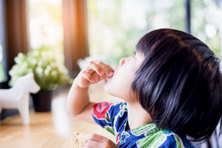 Portrait of little girl eating cookies in the kitchenの写真素材