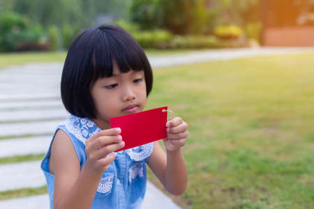 Happy girls showing blank credit card looking at side in a park with a green backgroundの写真素材