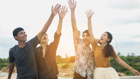 Friends having party outdoorsの写真素材