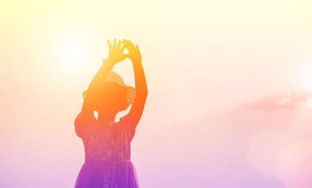 kid silhouette,Moments of the child's joy. On the Nature sunsetの写真素材