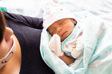 Cute asian baby newborn close upの写真素材