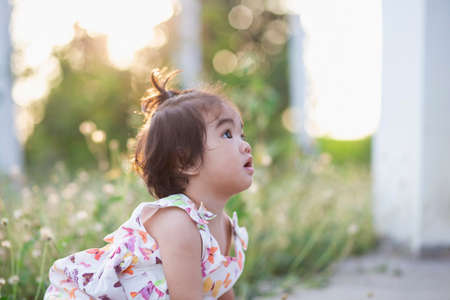 Cute girl smiling brightly in the setting sunの写真素材