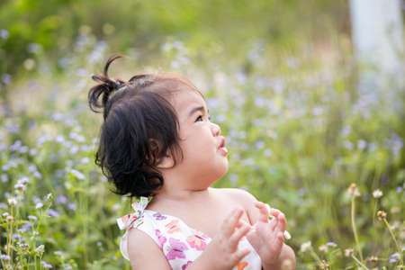 Cute girl smiling brightly in the setting sunの写真素材