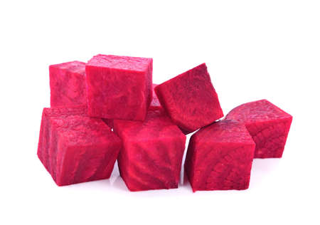 Beetroot cube slice isolated on white backgroundの写真素材