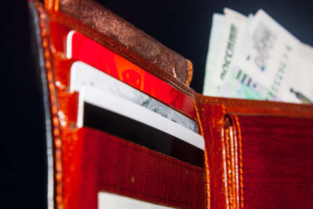 Purse with credit   discount cards and moneyの写真素材