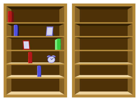 Two cupboards with books, clock and photo frameのイラスト素材