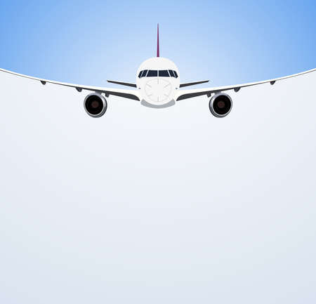 Passenger airplane in flight on white and grey backgroundのイラスト素材