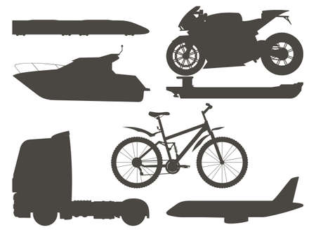 Silhouettes of transport. Plane, train, truck, boat, motorcycleのイラスト素材