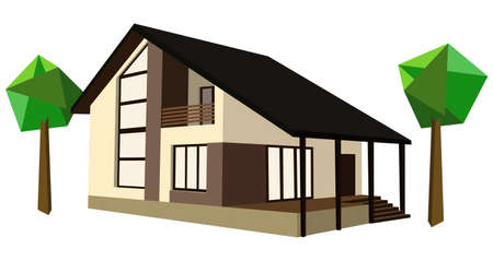 Three-dimensional two-storey house with treesのイラスト素材