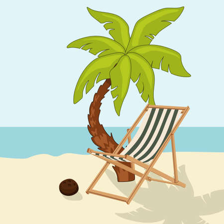 Chaise lounge with a palm tree on the beachのイラスト素材