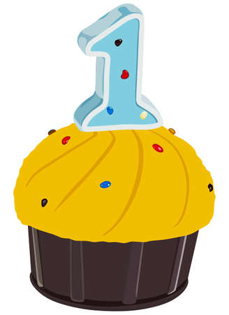 Cupcake with a candle with the number oneのイラスト素材