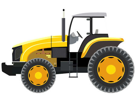 Yellow tractor a side view on white backgroundのイラスト素材