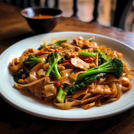 Pad See Ew.Stir-fried flat rice noodles with soy sauce, egg, Chinese broccoli, and your choice of protein.Stir-fried noodle with chicken and vegetables on wooden table.の素材
