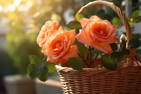 Beautiful orange roses in a basket on the table in the garden.の素材