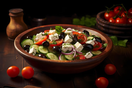 Greek salad with feta cheese, tomatoes, cucumbers and black olives.Selective Focus.の素材