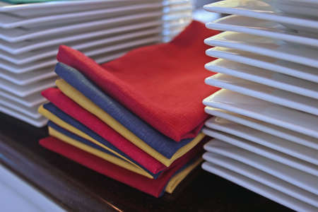 stacks of plants and colourful napkinsの写真素材