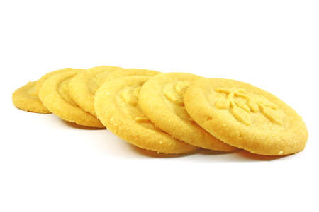 side view of butter cookies isolated on whiteの写真素材