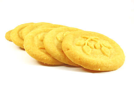 a butter cookie spread on isolated white bgの写真素材