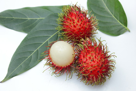 Rambutans , Rambutans fruit with leaf on white background.の写真素材