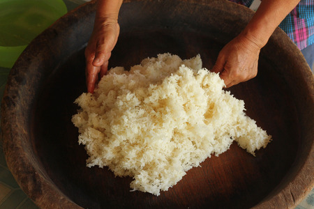 Sticky rice on wooden tray concreate background , Thailand ,Asiaの写真素材
