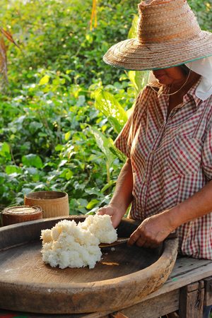 Sticky rice on wooden tray concreate background , Thailand ,Asiaの写真素材
