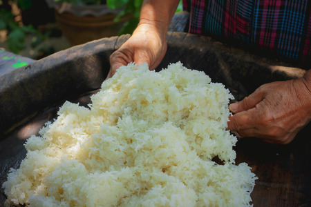 Sticky rice on wooden tray concreate background , Thailand ,Asiaの写真素材
