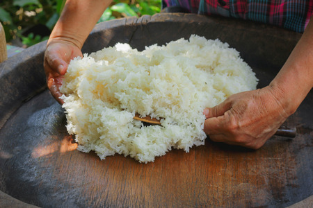 Sticky rice on wooden tray concreate background , Thailand ,Asiaの写真素材
