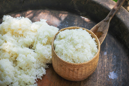 Sticky rice on wooden tray concreate background , Thailand ,Asiaの写真素材