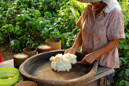 Sticky rice on wooden tray concreate background , Thailand ,Asiaの写真素材