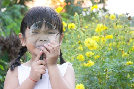 Little asian girl uses a magnifying glass to look at insects , Outdoor portrait , Thailand.の写真素材