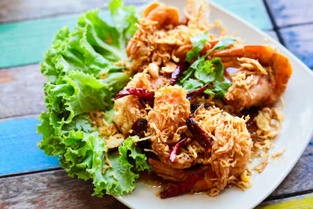 Stir Fried River Prawns with Tamarind Sauce , Thai foodの写真素材