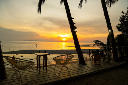Beautiful Silhouette palm tree with umbrella and chair around beach sea ocean at sunset or sunrise time for leisure travel and vacationの写真素材
