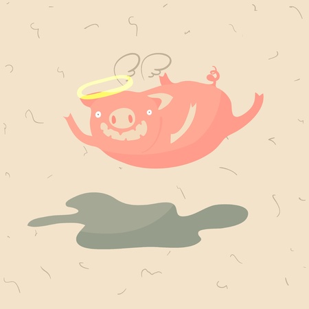 Pig with nimbus and angel wing flying under the puddle, vector illustrationのイラスト素材