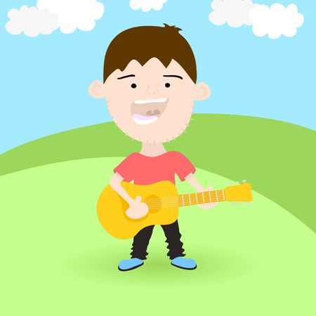 Singing boy with acoustic guitar on the meadow, vector illustration のイラスト素材