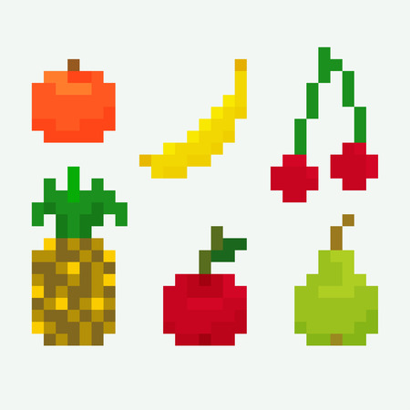 Set of pixel art icons for fruits, orange, banana, cherry, pineapple, apple, pear, vector illustrationのイラスト素材