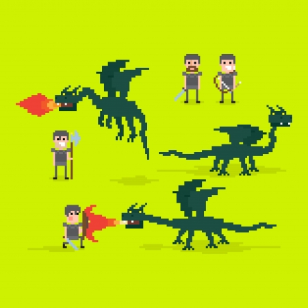 Pixel art warriors and flying fire belching dragonのイラスト素材
