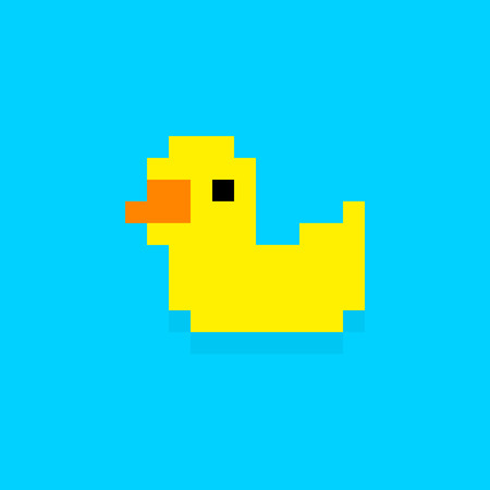 Pixel art yellow bath duck isolated on blue backgroundのイラスト素材