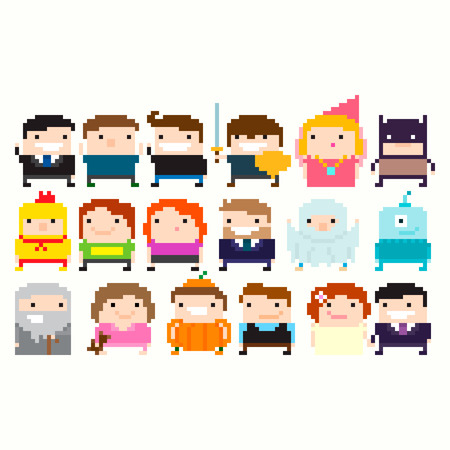 Many pixel art funny characters: businessman, warrior, princess, wizard, superhero, halloween party...