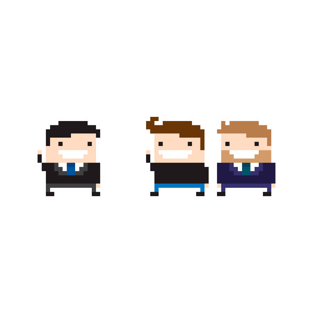 Pixel art office characters greeting each other