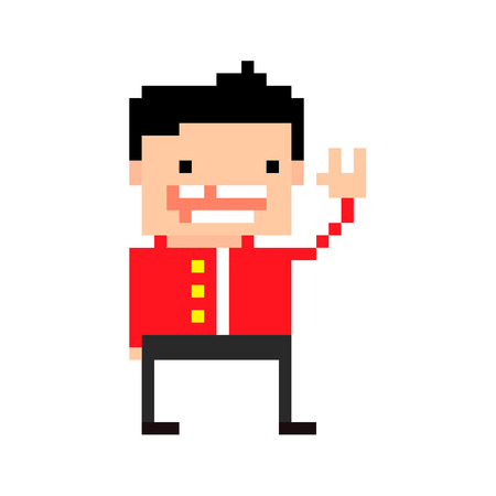 Pixel art guy in red overcoat, without one tooth smiling, sign of the hornsのイラスト素材