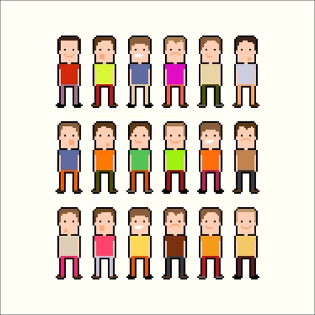Pixel art people with black and white contourのイラスト素材