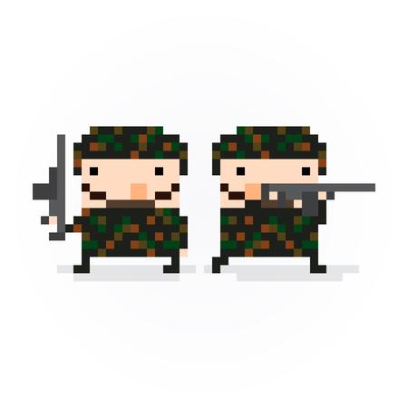 Pixel art soldiers in camouflage posingのイラスト素材